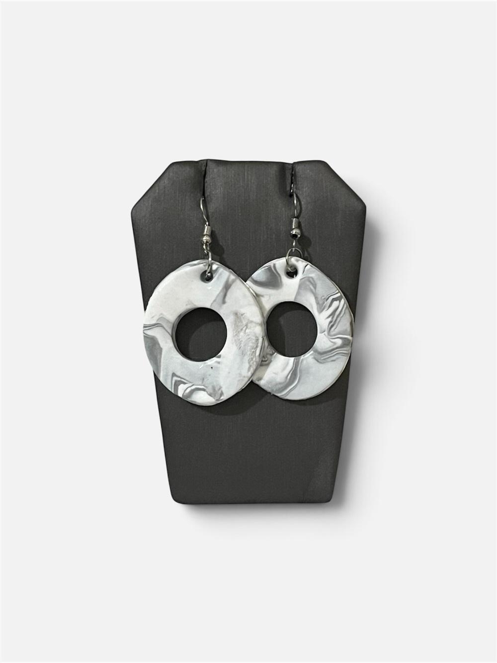 Handmade Marbled Polymer Clay Dangle Earrings White Gray Black Swirl Boho Hoops
